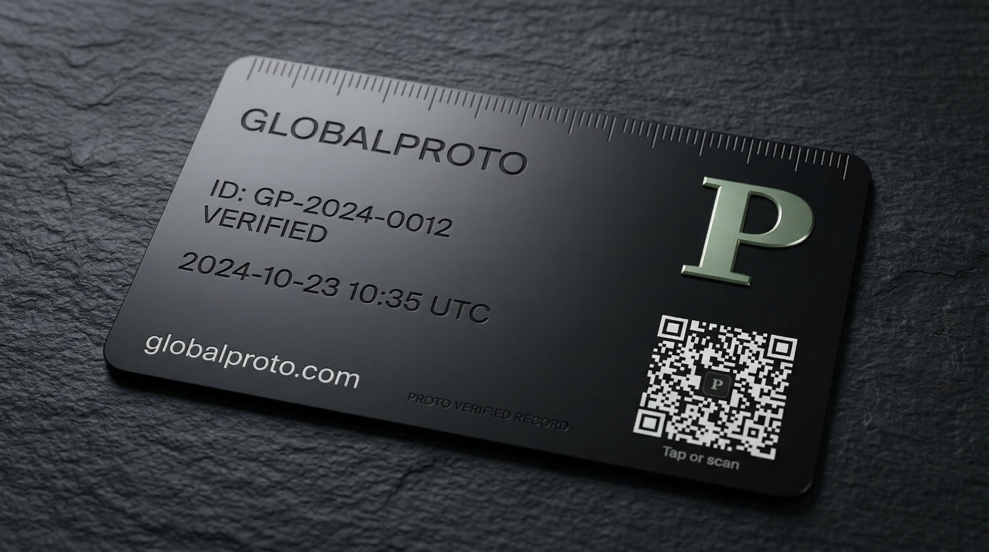 Black GLOBALPROTO metal verification card on dark slate. ID GP-2024-0012, VERIFIED, green P monogram, QR code.