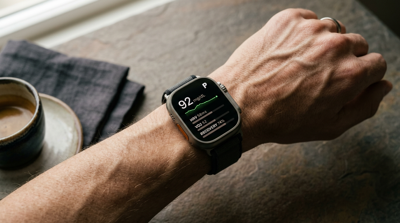 Apple Watch Ultra on wrist showing Proto biomarker dashboard: glucose 92 mg/dL, HRV 58ms, VO2 52, recovery 74 percent.